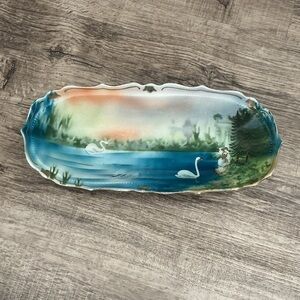 RS Prussia Bavaria Porcelain Iridescent Swans On The Lake Hand Painted Dish